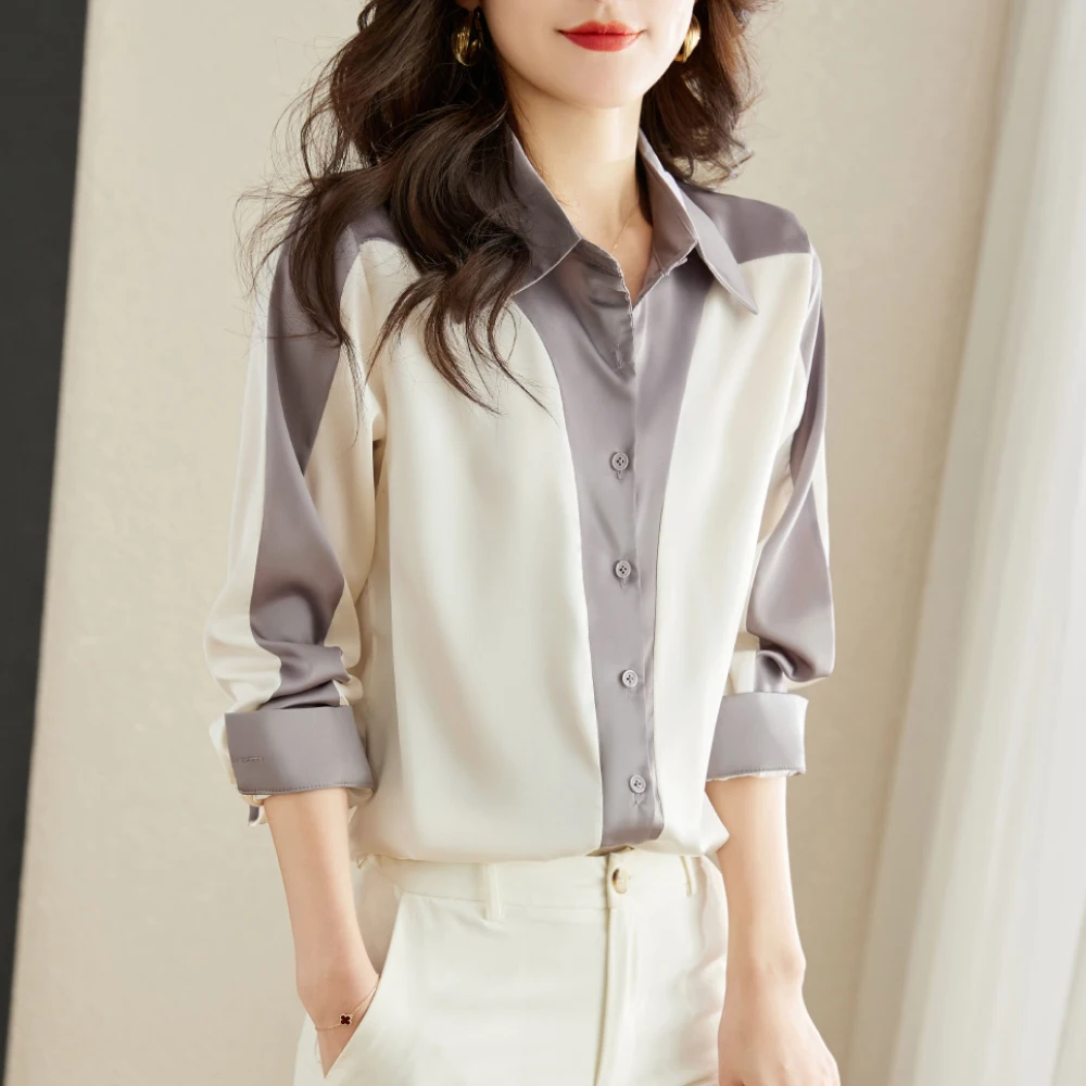 New Fashion Elegant Office Lady Satin Shirts Stylish Color Patchwork All-match Shirt Women Blouses Long Sleeve Tops Female Mujer