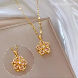 Creative Rotatable Pink Flower Necklace For Women Titanium Steel Rotatable Spinner Clavicle Choker Anti Stress Anxiety Jewelry