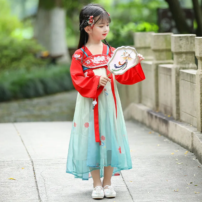 

Girl Autumn New Oriental Retro Red Embroidery Hanfu Dresses Chinese Style Traditional Skirt Party Evening Performance Vestido