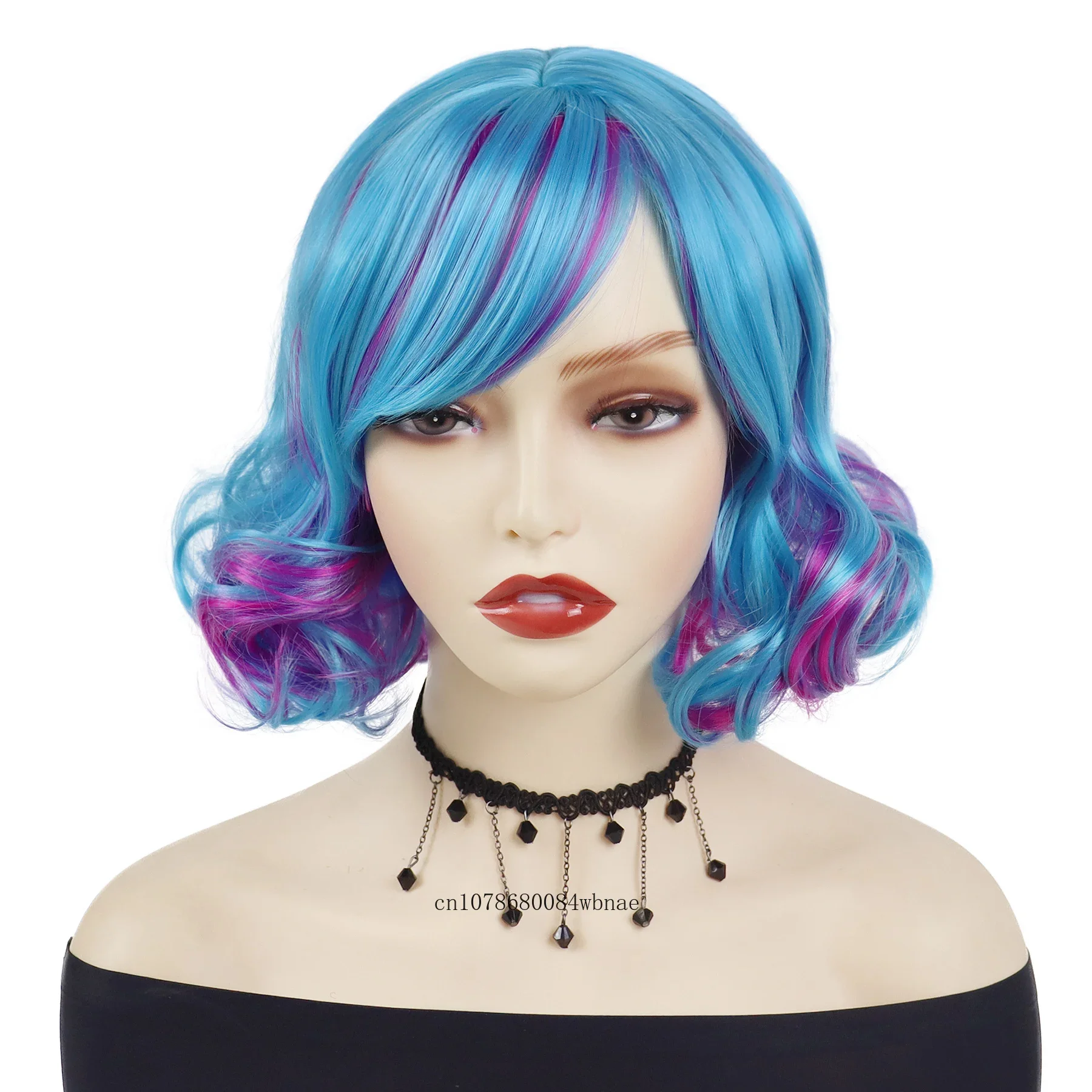 Blue Mixed Pink Wig Synthetic Hair Short Curly Wigs with Bangs for Women Ladies Heat Resistant Daily Party Cosplay Halloween