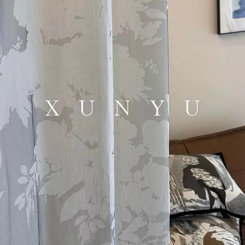 Vintage Silver Grey Jacquard Curtains for Living Room Balcony Bedroom French Window Customized Partition Curtains Finished