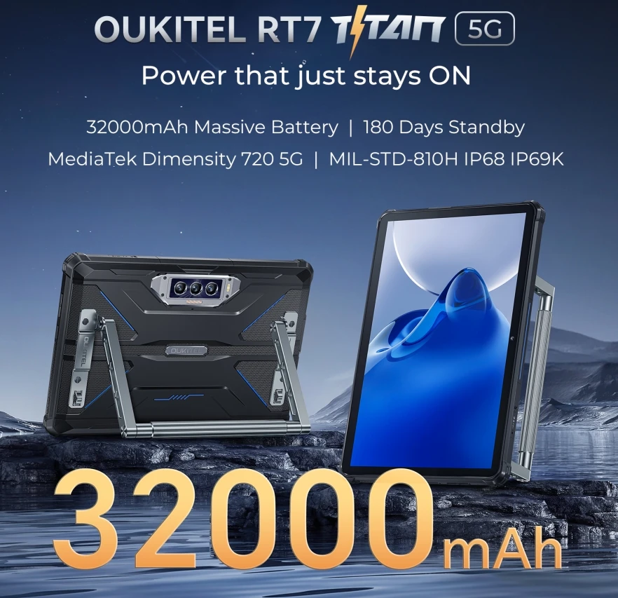 Oukitel Rt7 Titan Cpu Mt6853 120Hz 10.1 Inches 12G+256Gb 32000Mah Ultra Large Battery Three Proof Tablet 12Gb Ram 256Gb Rom