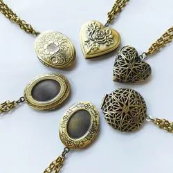 1pc Antique Bronze Heart Round Oval Locket Charms Pendants Long Chain Sweater Necklaces Women Men Fashion Memorial Jewelry
