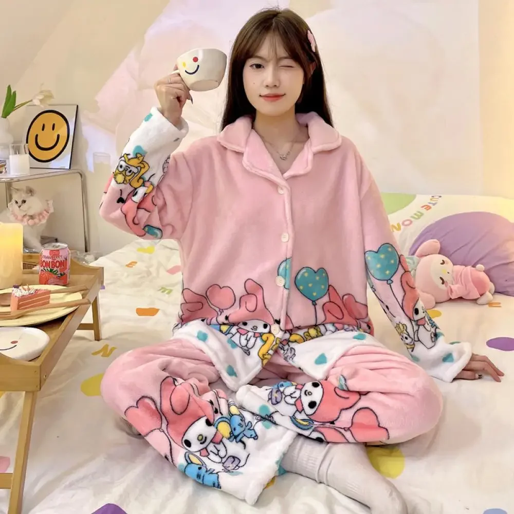 Cute Cartoon My Melody Pajamas Suit Sanrioed Anime Kawaii Plush Spring Winter Flannel Homewear Women Girls Warm Soft Nightwear