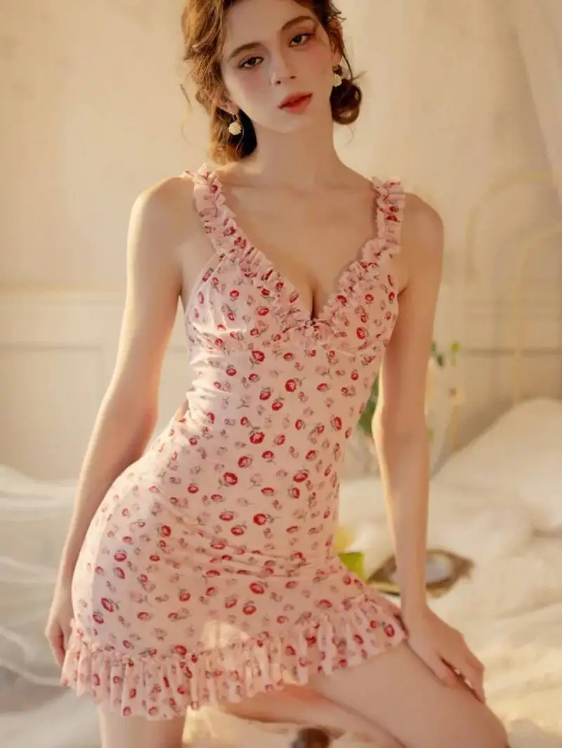 Sexy Spaghetti Strap Nightdress for Women Deep V Print Lace Hot Backless Lingerie Pure Desire Slim Fit Floral 6014 LS3T