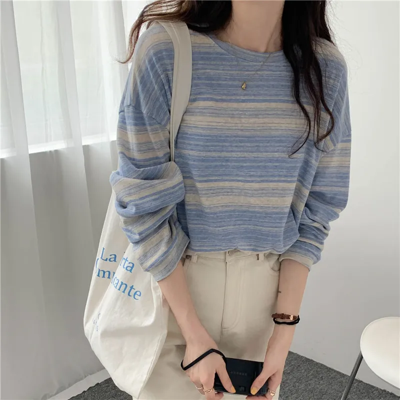 Women's Striped Long-Sleeve T-Shirt New Autumn Korean-Style Loose Casual Top 2000S Street Hip-Hop Harajuku-Inspired Top