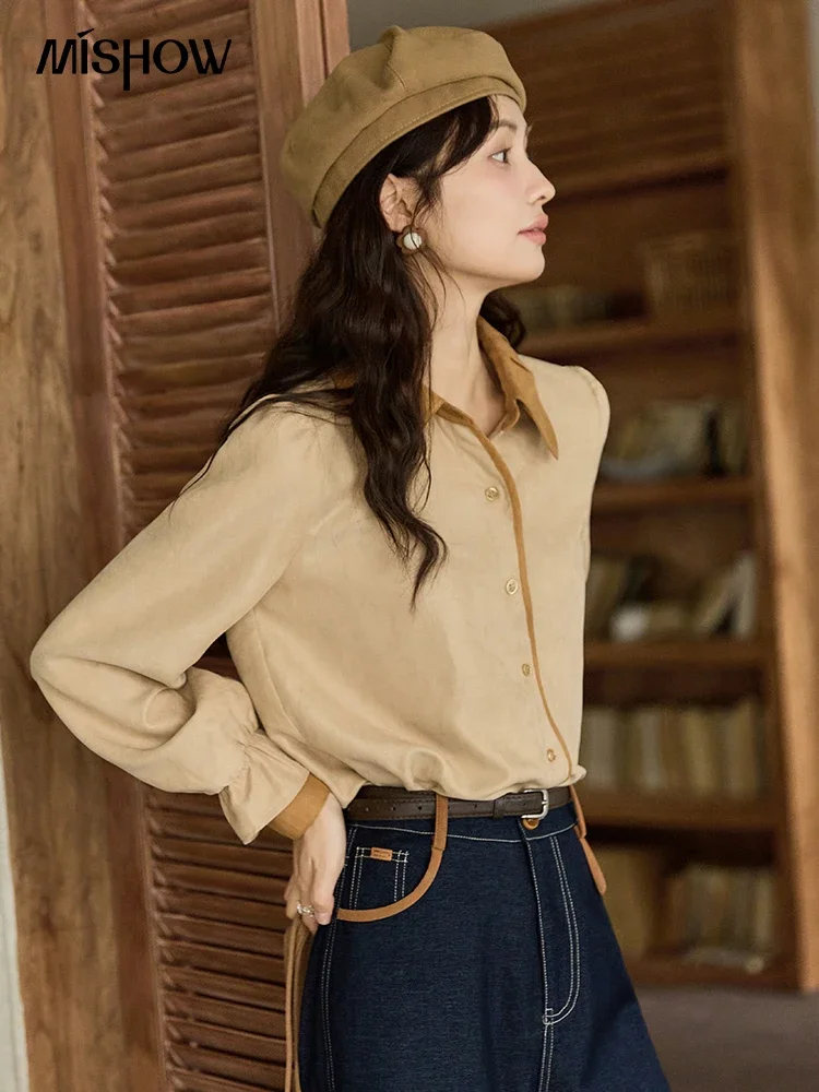 MISHOW Women Shirt Contrast Color Lapel Outwear 2024 Autumn Arrival Vintage Splicing Cuffs Shirts Loose Casual Tops MXD45C0342