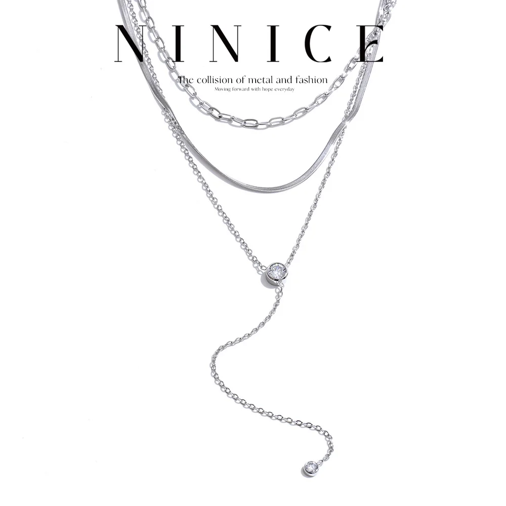 NiNice Arrivals Stainless Steel Layered Zirconia Snake Chain Long Drop Overlay Necklace Waterproof Casual Collar Jewelry