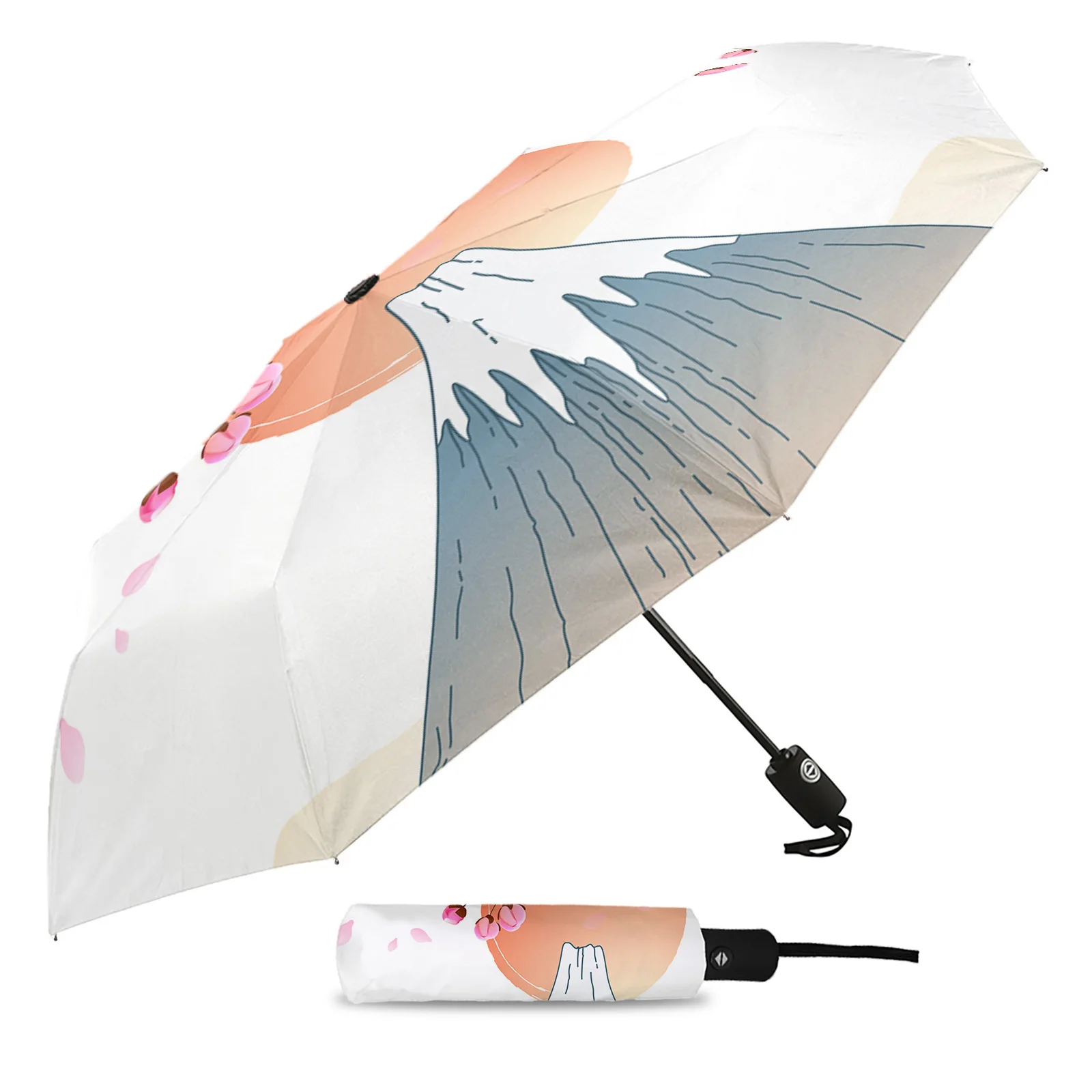 Japanese Mount Fuji Sun Sakura Automatic Parasol Folding Umbrella Male Women Printed Umbrella Lightweight Rain Gear