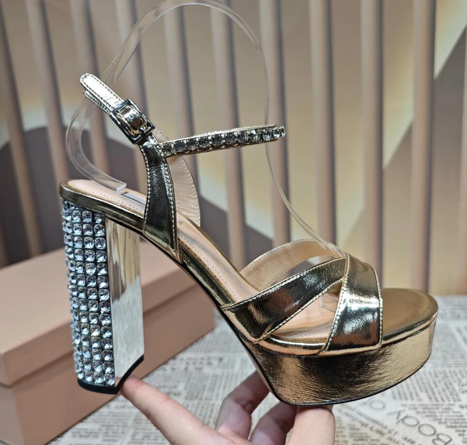 Bling Bling Crystal Chunky Heel Women Summer Sandal Shoes Gold Silver Rhinestone Ankle Strap Cross-straps Platform Wedding Shoe