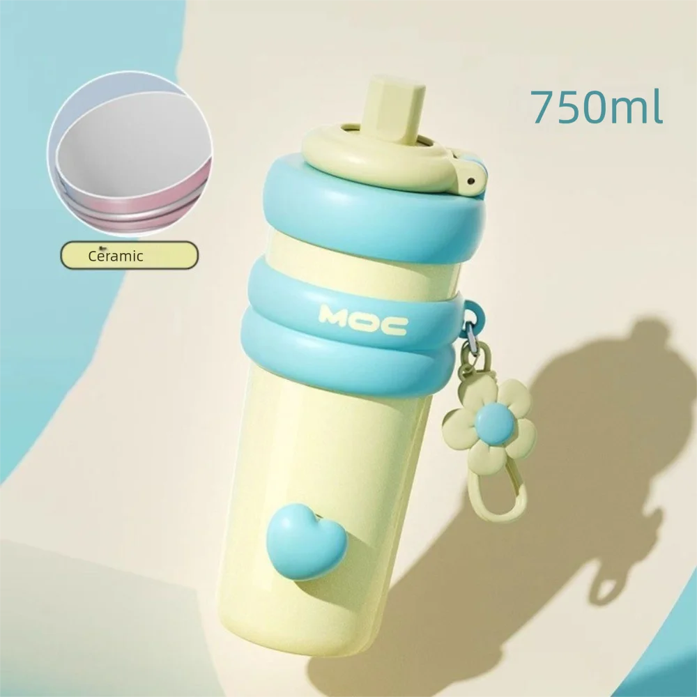 

750ml Insulated Cup Ceramic Inner Liner Dustproof Straw Cup with Flower Pendant Large Capacity Ice King Cup for Women Girls