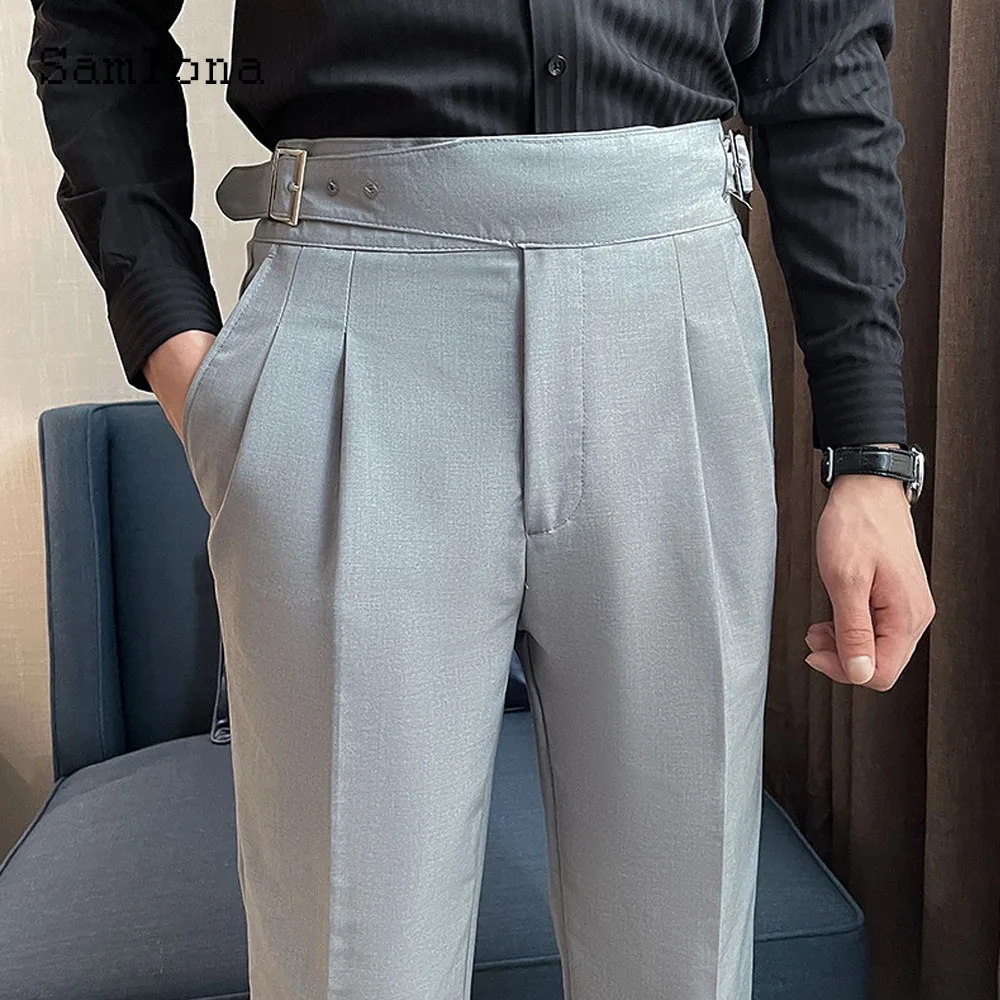 Men Elegant Buckle Up Suits Pants Solid White Ankle-Length Trouser Plus Size Mens Stand Pocket Suit Formal Party Wedding Pants