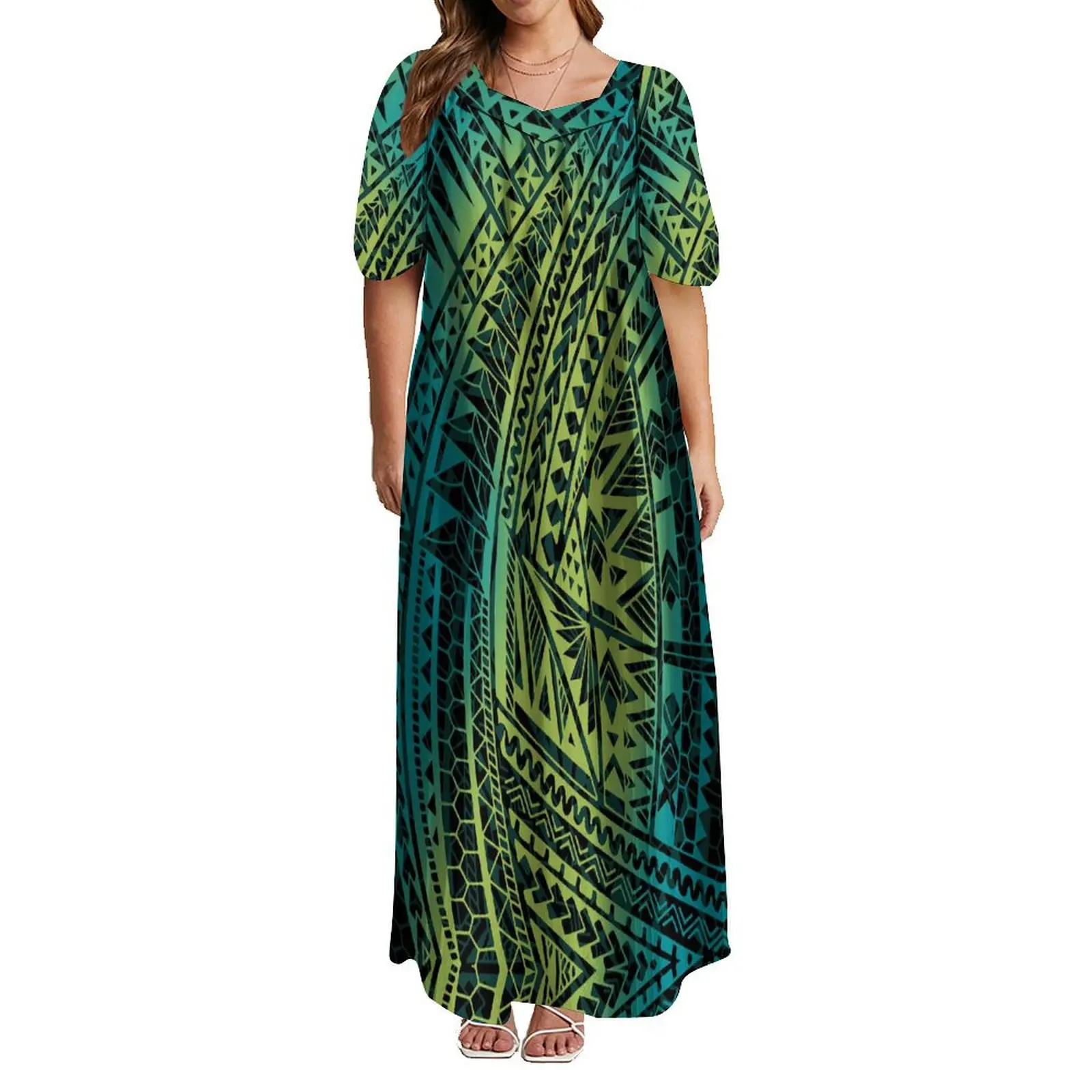 2024 New Samoa Fashion Women'S Feature Women'S Temperament Bubble Sleeve Dress Hawaiian Maxi Dress Polynesian Fiji Tribe Custom