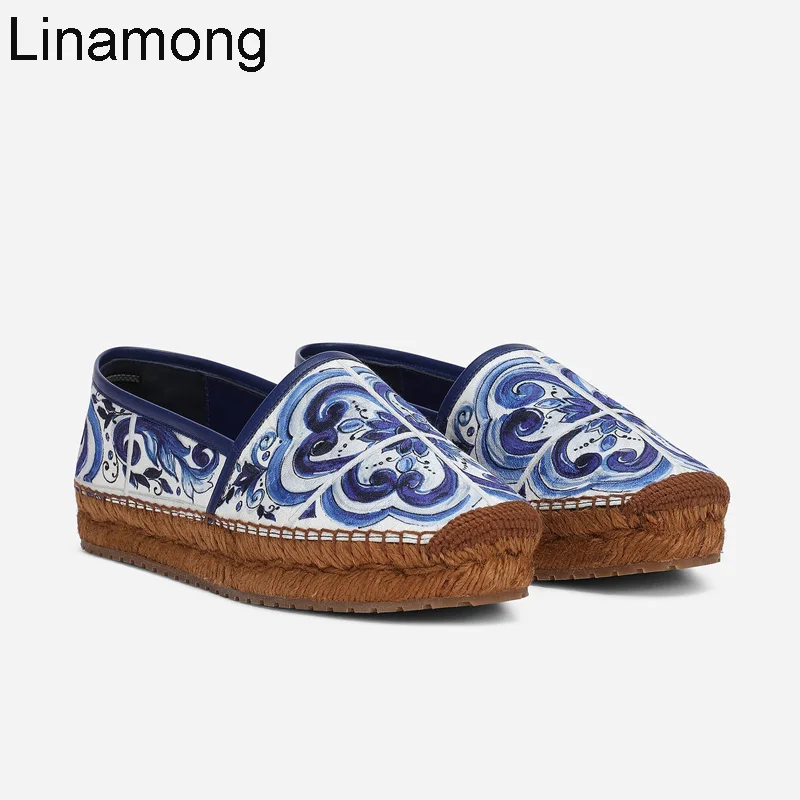 Newest Blue and White Porcelain Cloth Fishman Flats Shoes Rope Braided Thick Sole Woman Comfortable Slip On Loafer Shoes