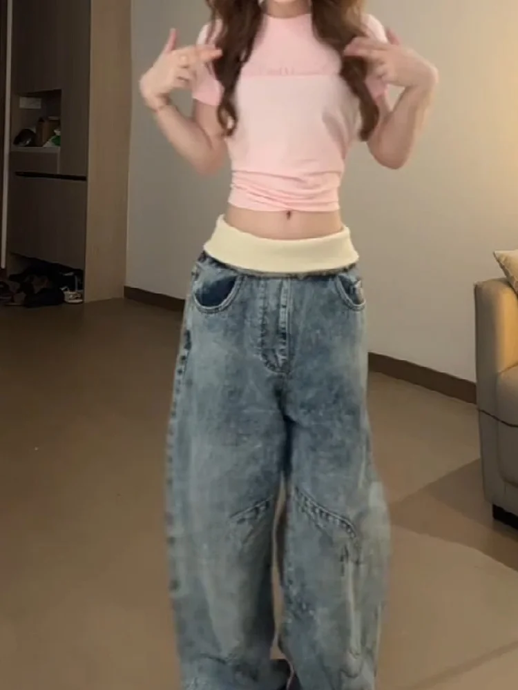 

American Style Vintage Cuffed Wide Leg Jeans Women Summer Design Loose Slim Straight Floor-Length Pants Decorative Stitching