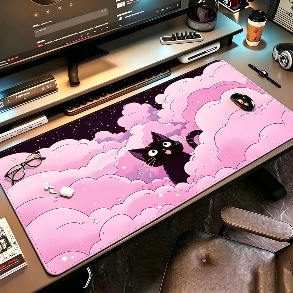 Black Cat Clouds Fast Delivery Keyboard pad Lock-edge Non-Slip Mousepad Kawaii Pink Purple Office Desktop Protection Pad XXL Rug