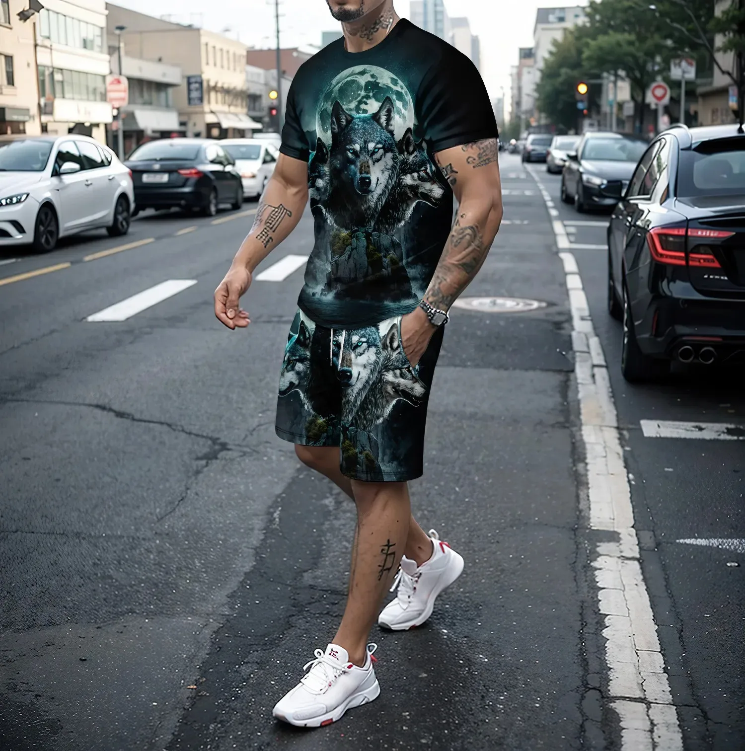 New 3D wolf print men's short sleeved T-shirt shorts set casual and high-quality summer street trendy and domineering clothing