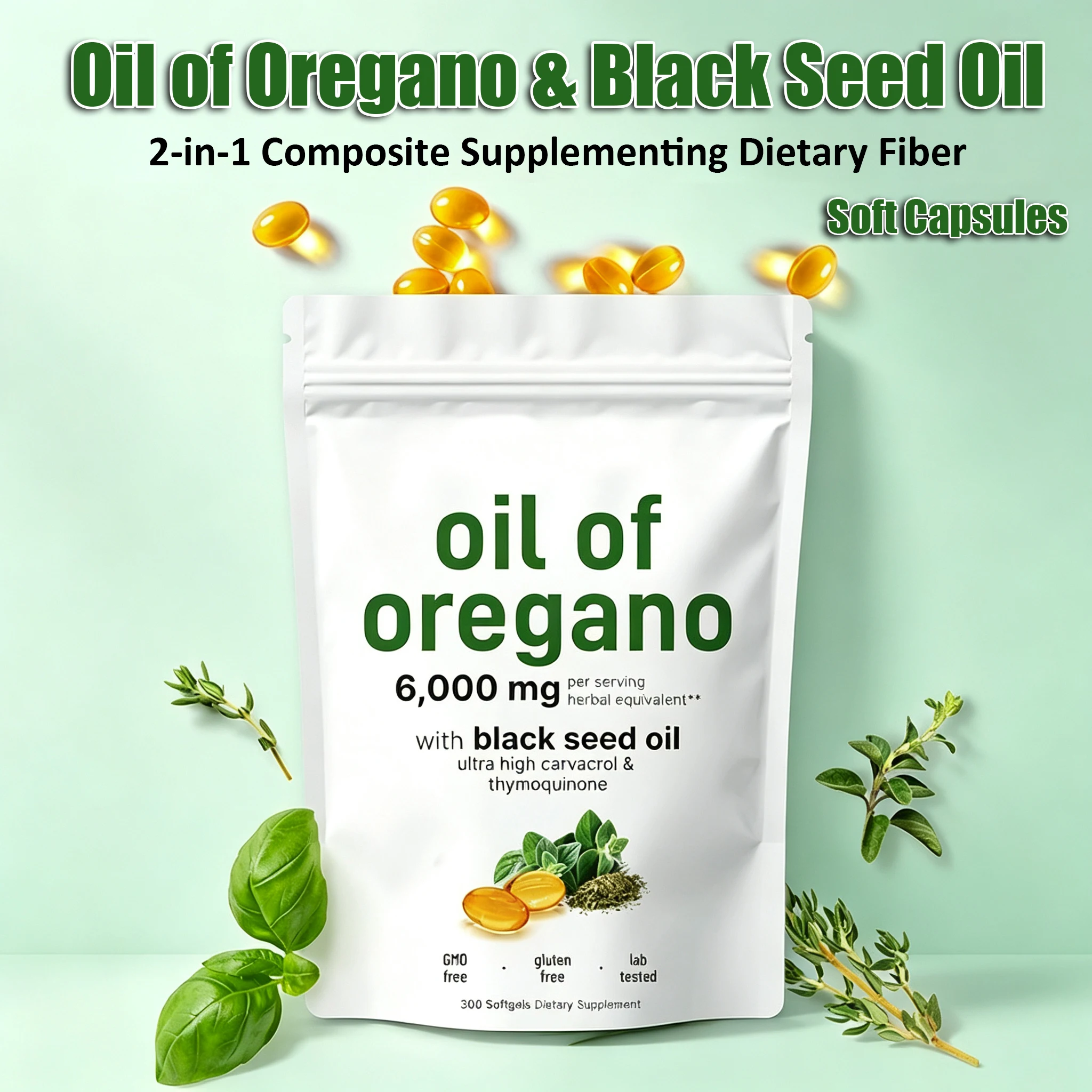 300 Count Oil of Oregano Softgels Natural Herbal Plant-Based Organic Black Seed Oil Extract Capsules Dietary Fiber Supplements