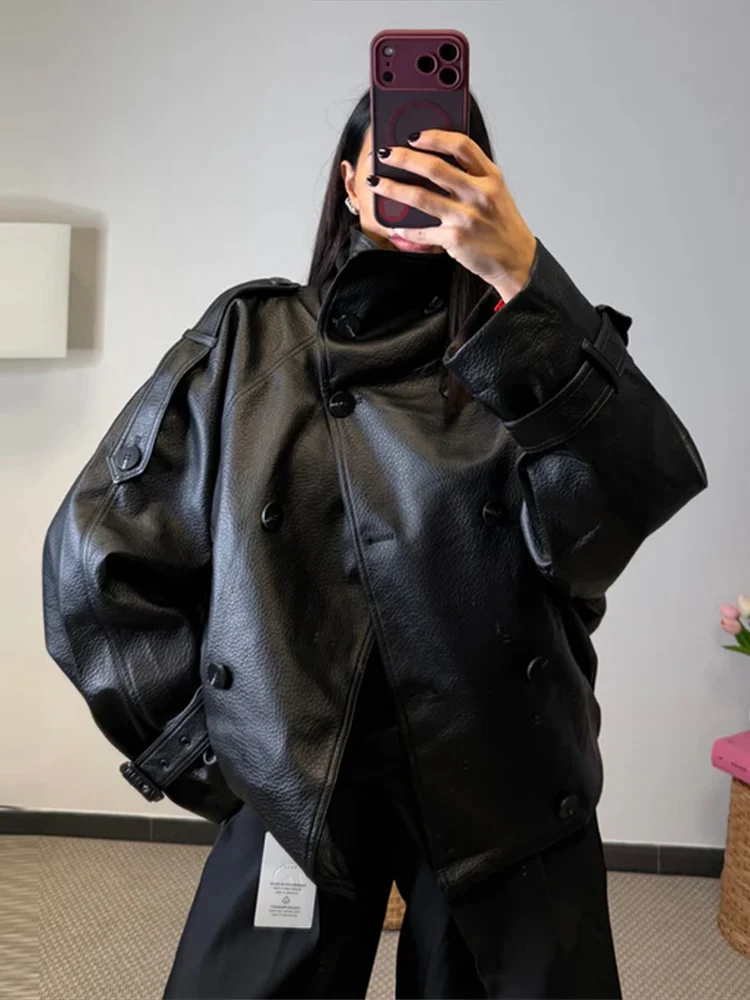 Damen Kunstlederjacken mit Stehkragen, Epauletten, Doppelreihig, Lange Ärmel, Oversize-Mäntel, Schicke Damen-Oberbekleidung in Unifarben – Detail 12