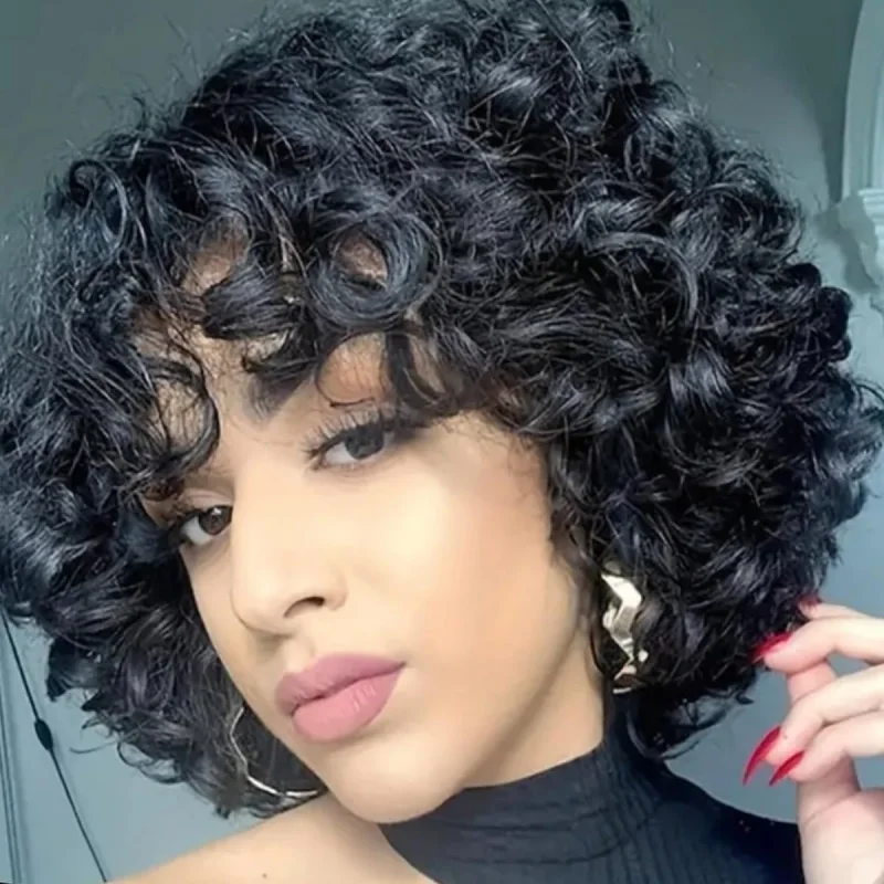 

Bouncy Curly Bob Wig With Bangs For Black Women Synthetic Curly Wig For Dates, Travel, Weddings, Cosplay, Parties, Holidays