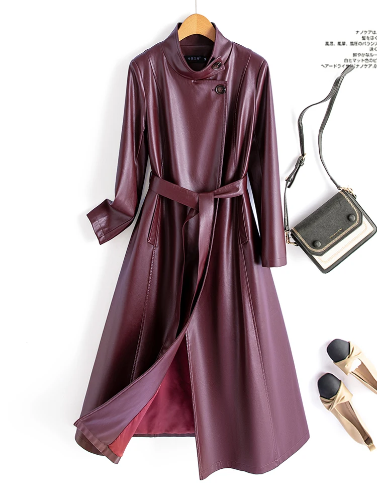 Manteau en cuir d'agneau véritable mi-long et ajusté pour femme, coupe-vent élégant, tendance mode 2024