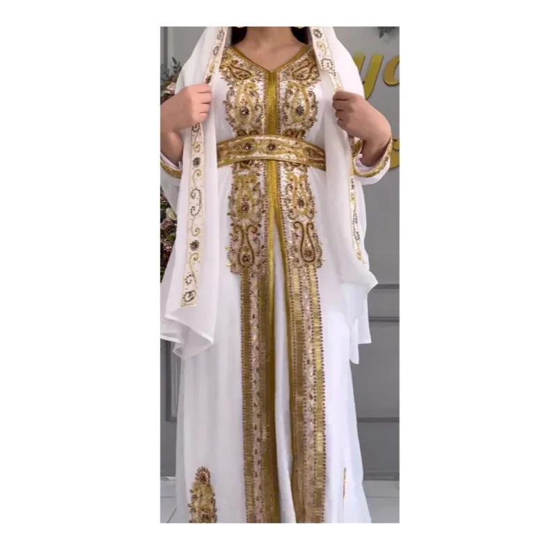 White Royal Moroccan Kaftan Arabic Party Wear Abaya Handmade Beaded Long Shirts Dresses European and American Fashion Trends