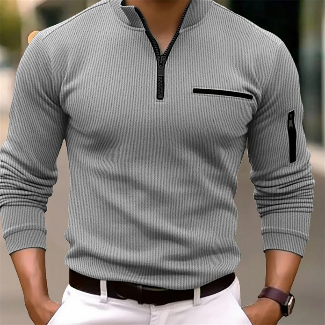 New men\'s arm zipper spring and fall leisure sports solid color striped pocket long sleeve poro shirt