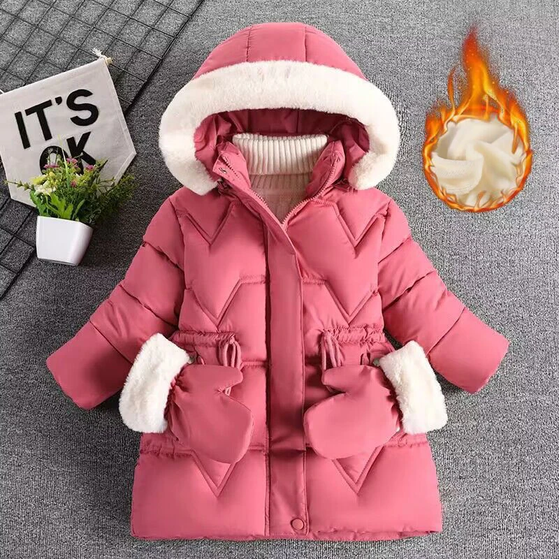 3-7 Years Winter Keep Warm Girls Jacket Solid Long Style Hooded Windbreaker Coat For Kids Children Christmas Outerwear Clothes