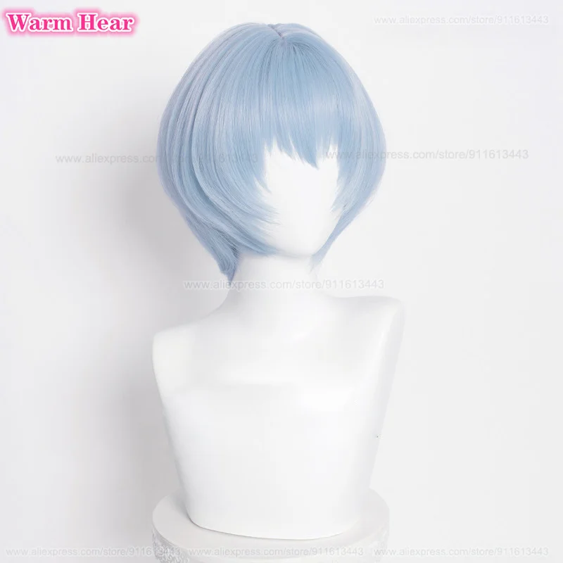 Anime EVA sintetis Ayanami Rei Wig Cosplay biru muda pendek dengan hiasan kepala Wig pesta rambut tahan panas + topi Wig