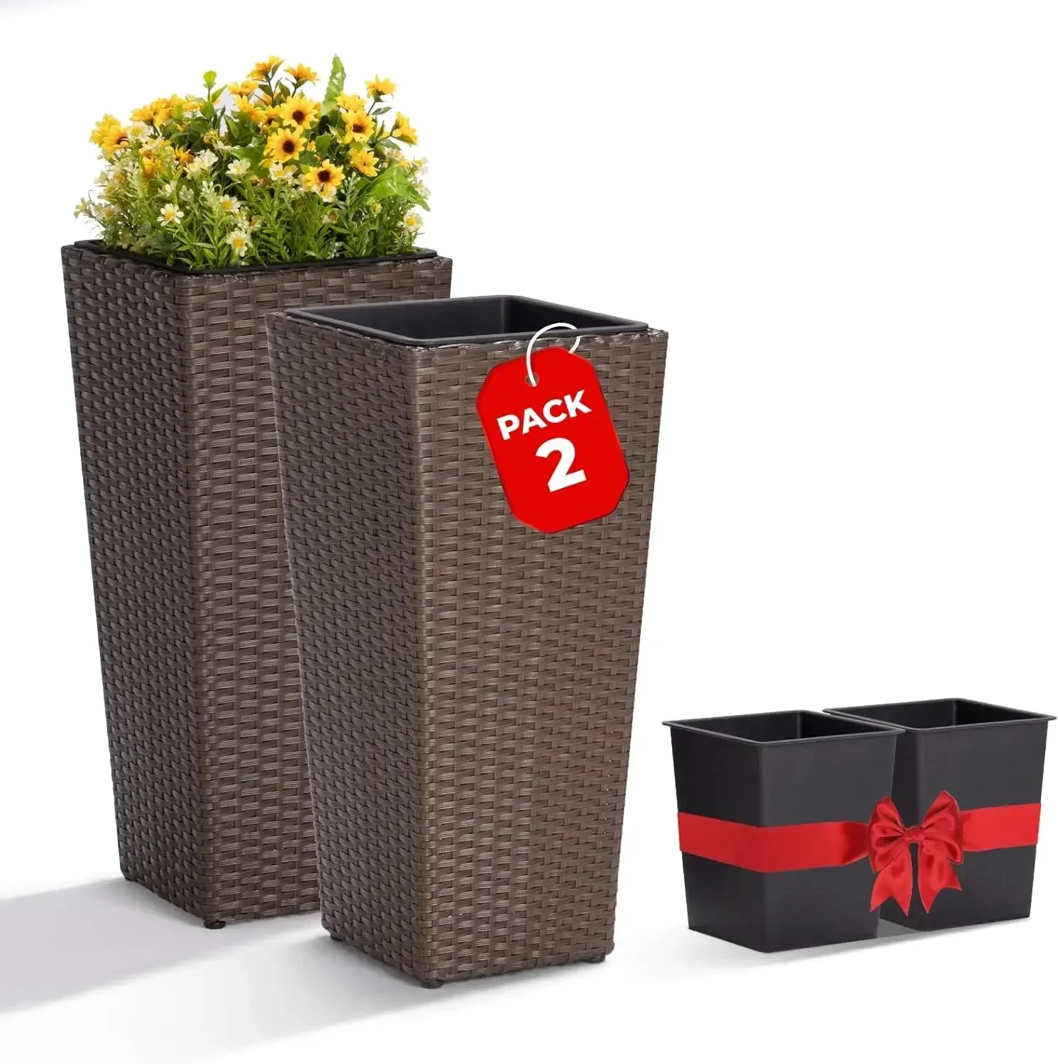 

All Weather Wicker Planters for Outdoor Plants Set of 2, 24 inch Tall Planter for Front Porch, Patio, Balcony, Indoor Usage