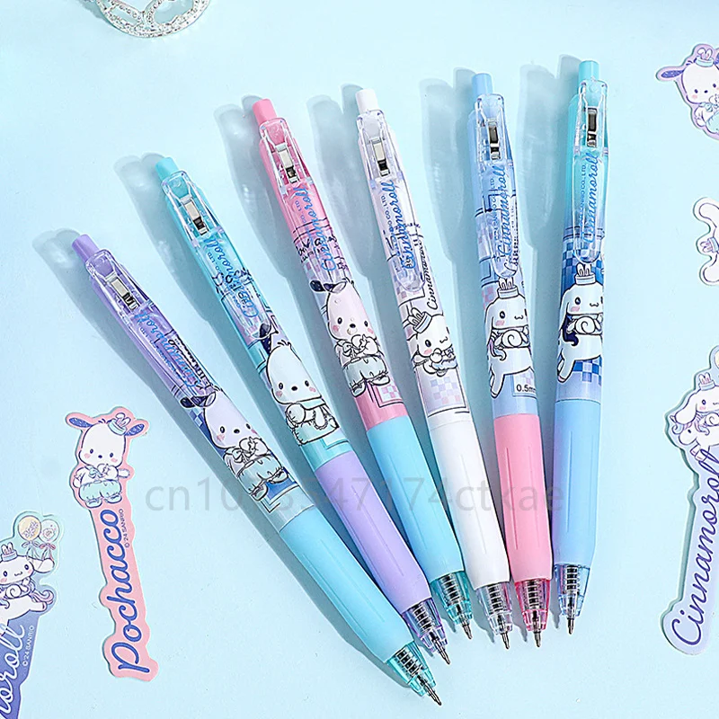 6 buah Kawaii Sanrio Cinnamoroll tekan pena Gel gaya acak perlengkapan alat tulis siswa 0.5Mm pena tekan hadiah pena tanda tangan