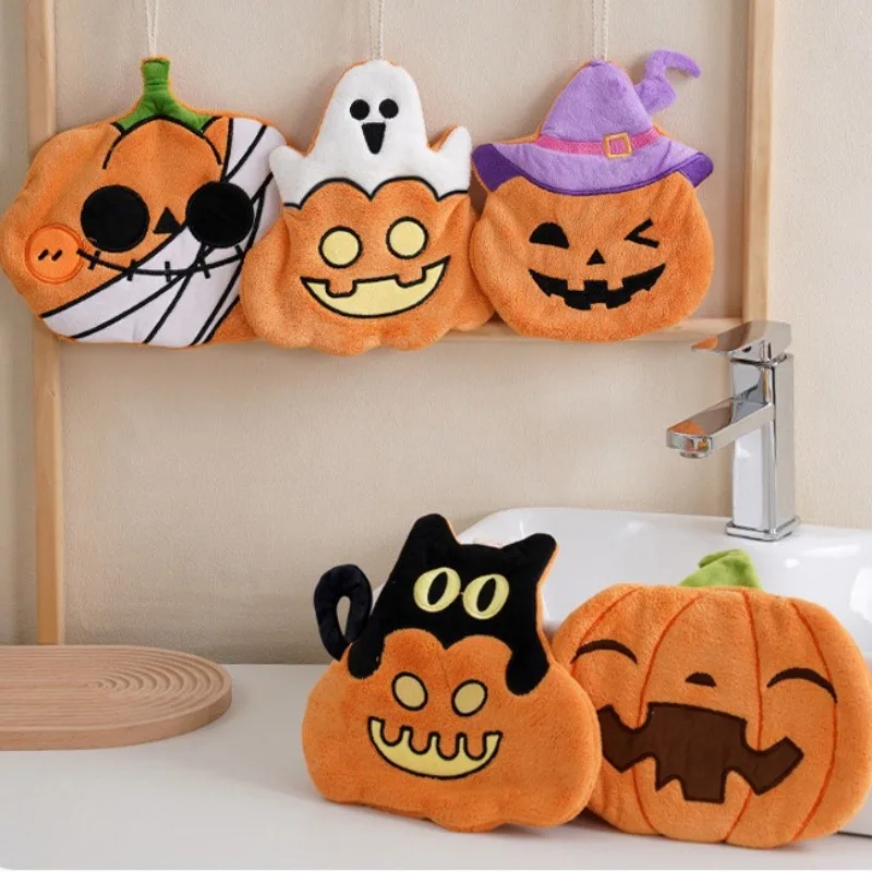 Cute Halloween Pumpkin Coral Velvet Kids Hand Towels Water-absorbing Quick-dry Towels Hanging for Kitchen Bathroom Holiday Gift