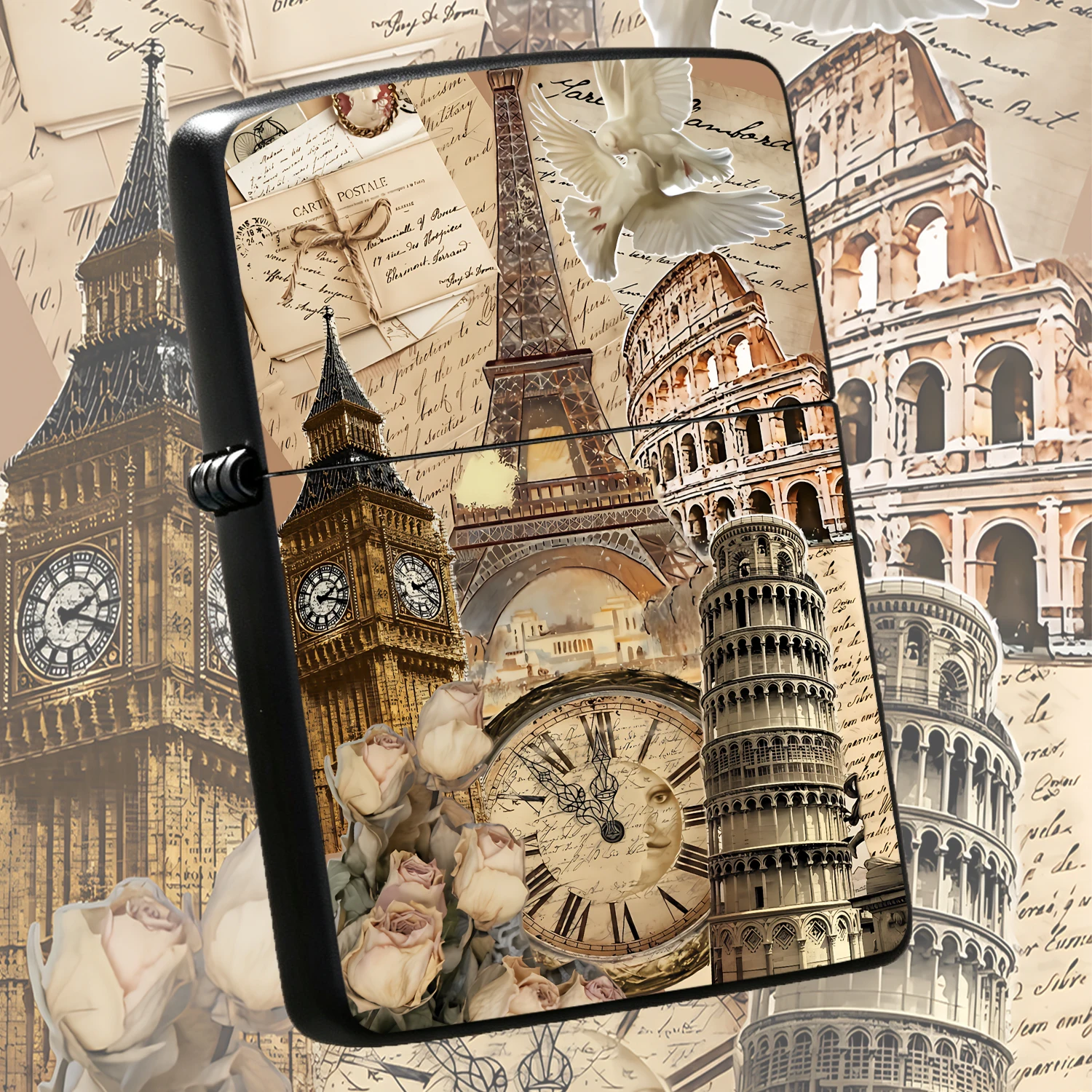 Vintage World Landmark Collage Lighter, Featuring Eiffel Tower Big Ben Colosseum Leaning Tower Of Pisa, Decorated With Dried Pale Roses White Doves Nostalgic Script Texture, Exquisite Aesthetic Retro Portable Accessory, Suitable For All Dai