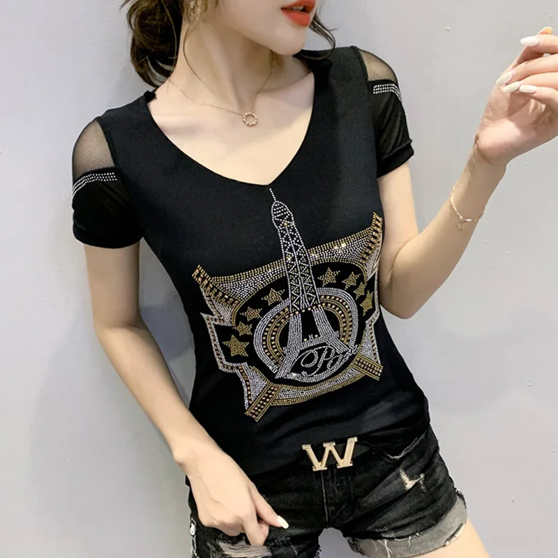 #5123 Black Blue Mesh T Shirt Women Diamonds Sexy Tight T-shirt Women Hollow Out See Through T Shirt Female V Neck Summer Tops