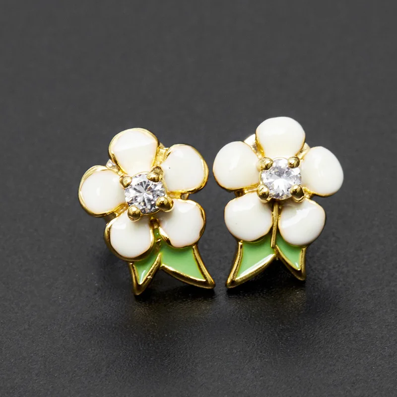 Fresh and Sweet Fashion Enamel Glaze White Orange Flowers Pastoral Style Clear Rhinestone Small Mini Plum Blossom Stud Earrings