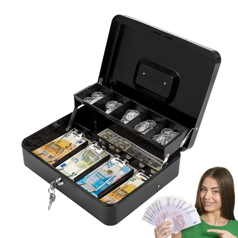 Locking Cash Box Locking Money Saving Tray With 2 Keys 4 Bill/5 Coin Slots Metal Money Box With Cash Tray Portable Lock Safe Box