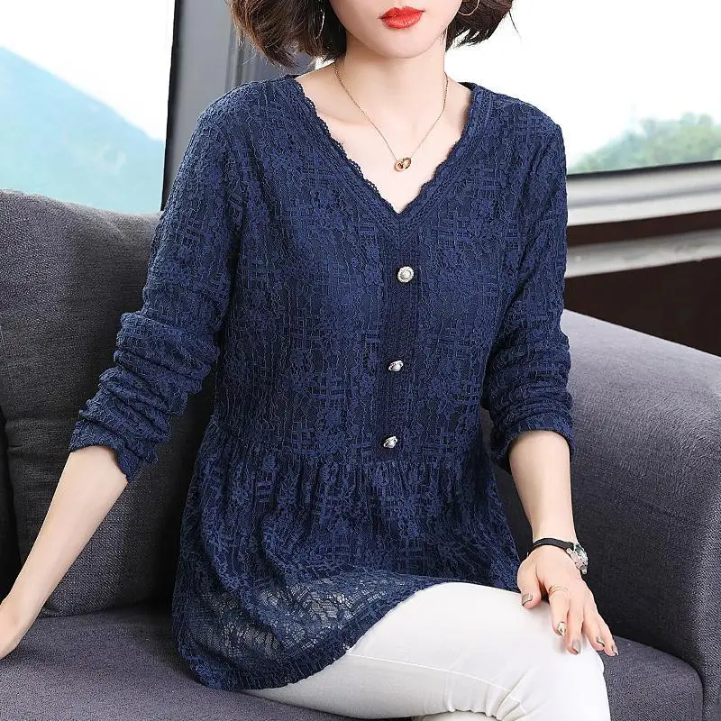 Vintage Solid Color Elegant Lace V-Neck Shirt Women\'s Clothing Spliced Spring Autumn Chic Button Long Sleeve All-match Blouse