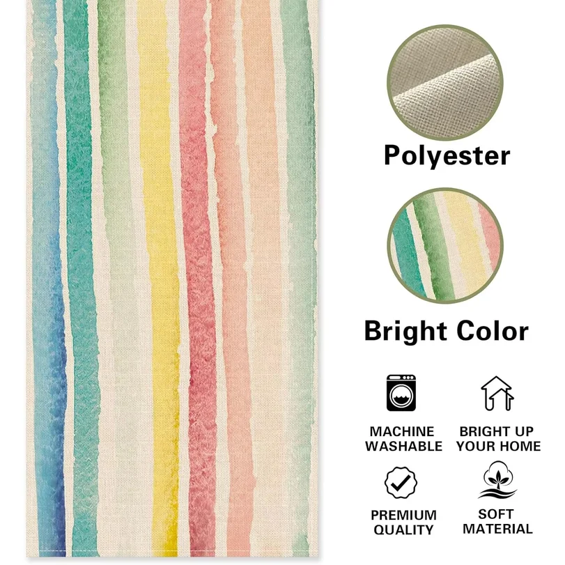 Colorful Rainbow Striped Table Runner Watercolor, Burlap Kitchen Dining Indoor Outdoor Home Party Decor