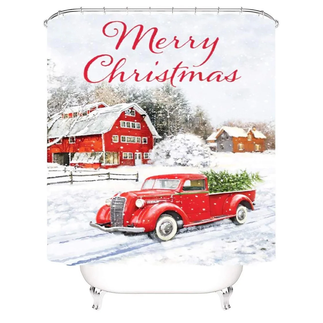 

Christmas Shower Curtains Vintage Red Truck Cloth Shower Curtains In Bath Holiday Farmhouse Bathroom Shower Home Decor-Tvdae