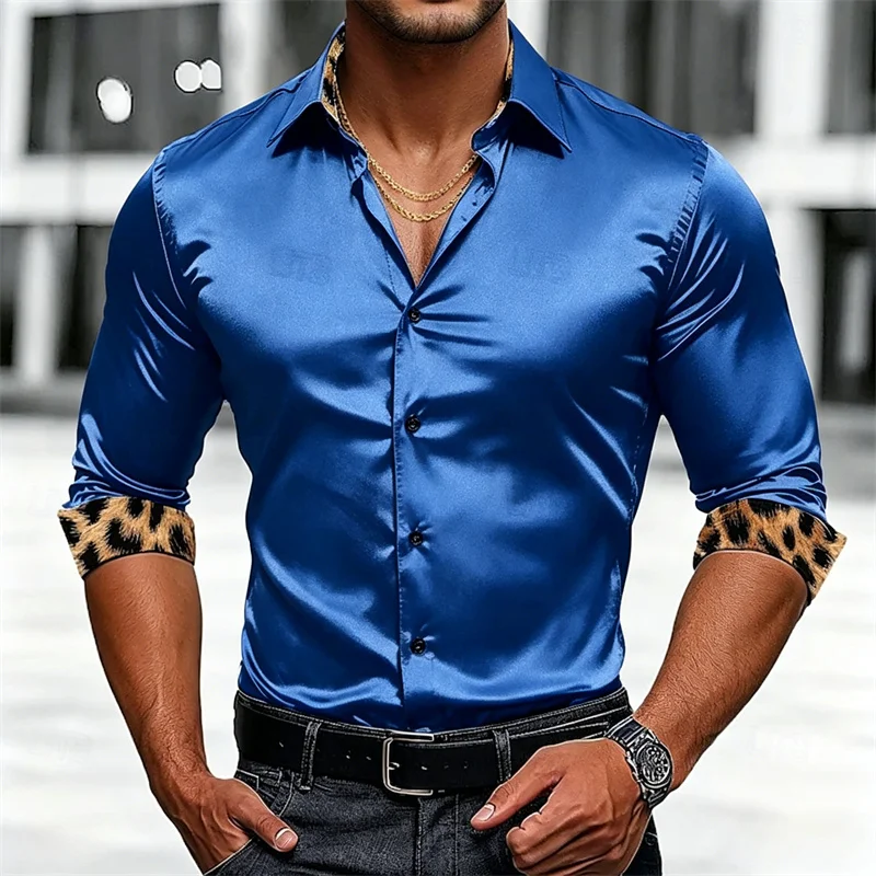 

Men's long-sleeved collared shirt with European and American style, featuring leopard print cuffs; casual and stylish men's top.