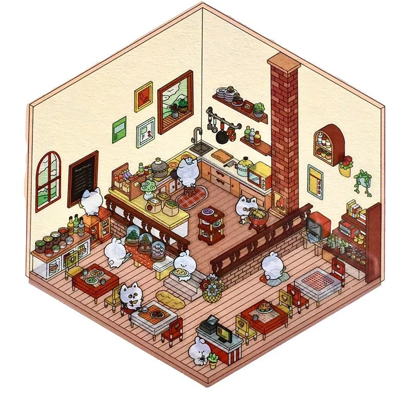 3D PET Sticker Cute Cartoon Miniature Scene 3D Landscaping Stickers DIY Cabin Scene Stacking and Pasting Hand Account Gif 4 Sets