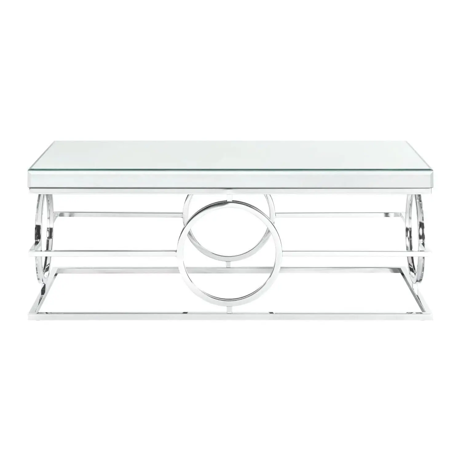 Rectangle Mirrored Coffee Table Circle Pattern Mirror Top Sides Metal Frame Chrome 27x52x7, Customized