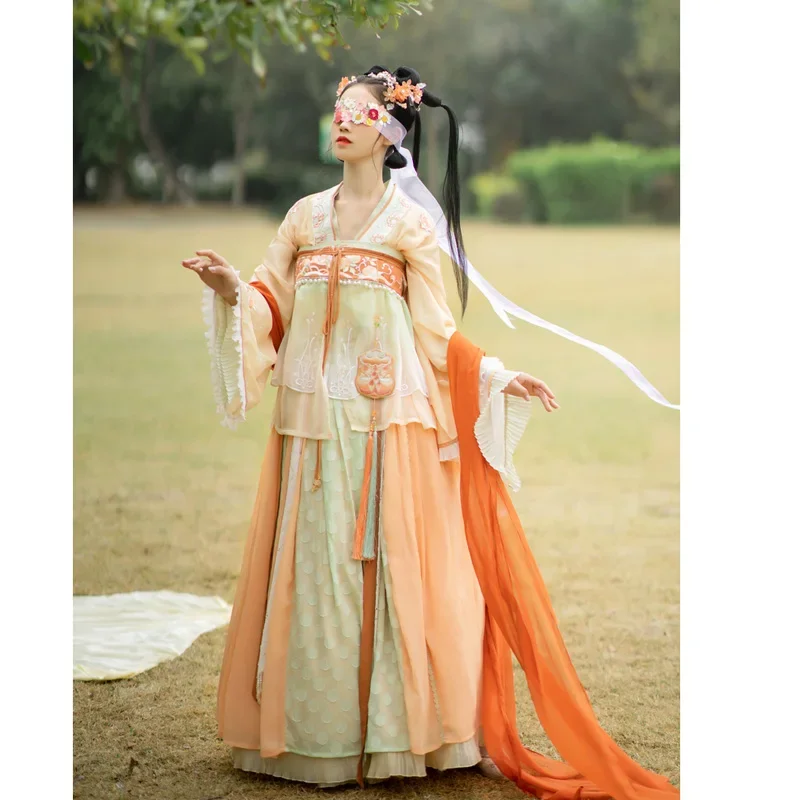 

HanshanghuaLian Jin Dynasty Sweet Cosplay Party Costume 2022 Autumn Improved Orange Embroidered Hanfu Dresses Set 4PCS For Women