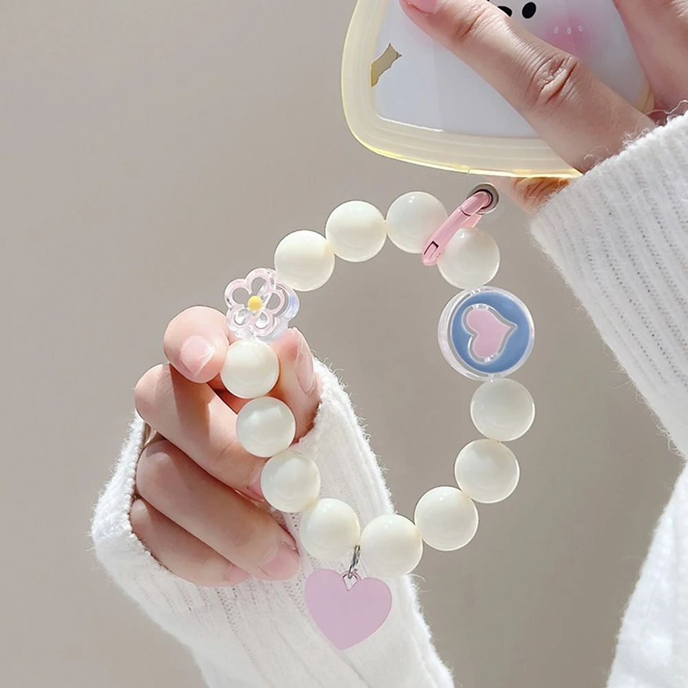 Miłość serce kwiat smycz na telefon komórkowy krótki pasek na nadgarstek bransoletka koraliki ręcznie robiony wisiorek zawieszka do telefonu Anti-lost brelok do kluczy