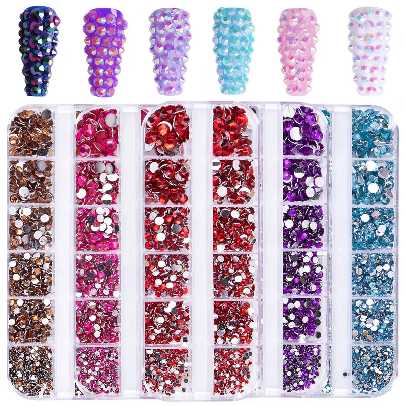 12Grids Nail Art Rhinestone Nail Beads 3D Resin Mixed Size AB Crystal Flatback Nail Jewelry Gems Glitter DIY Nail Decorations