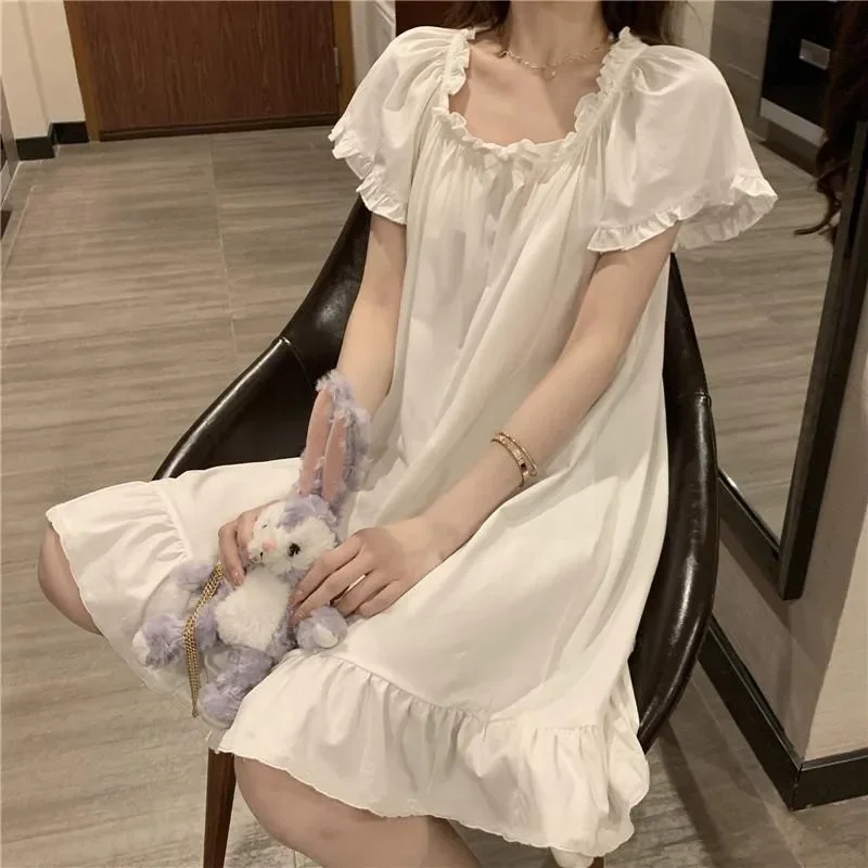 Spring Autumn Lady Sweet Princess Dress Style Lace Court Loungewear Girl Loose Over Knee Homewear Women Cute Ruffles Nightgowns