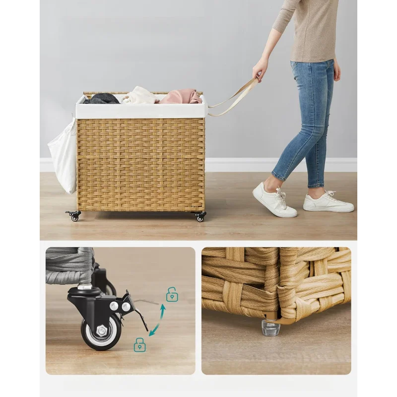 Rolling Laundry Basket with Wheels, 3-Section Synthetic Rattan, Removable Liner