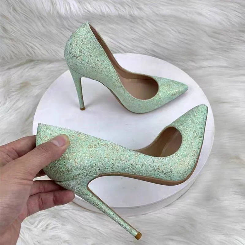 

Green Glitter Slip On Shallow Pumps Thin High Heel Pointed Toe Fashion Sexy 2024 Summer Big Size Woman Shoes Zapatillas Mujer