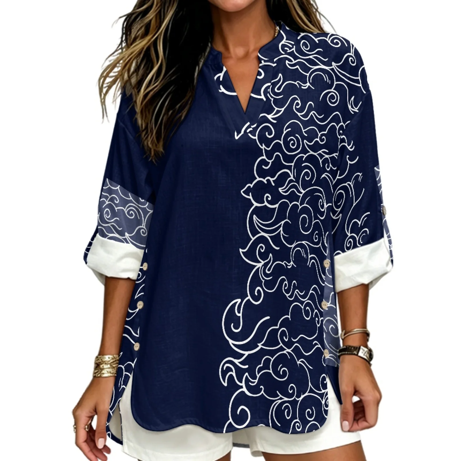 PENSTROLL Side Slit Hem Linen Style Tunic Blouse Roll Up Sleeve Long Sleeve Shirts for Going Out White Cloud Pattern