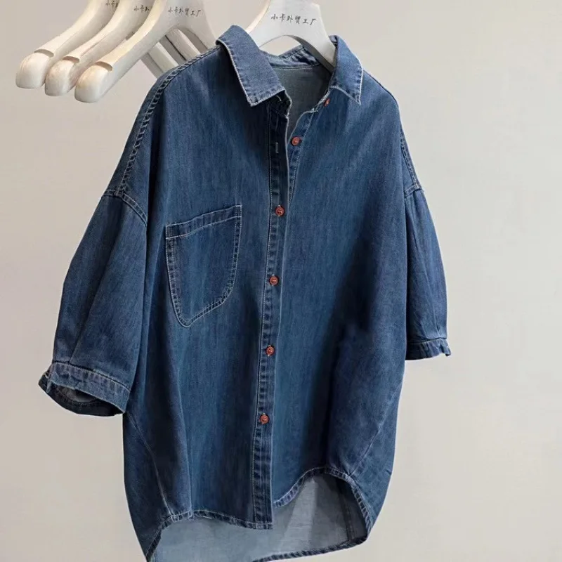 Verão manga curta denim camisa chique feminino laple único breasted solto topo coreano retro versátil camisas jeans masculinas